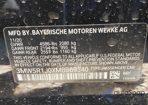 2021 BMW 330I z USA, uszkodzony, nr VIN 3MW5R1J0XM8B69340